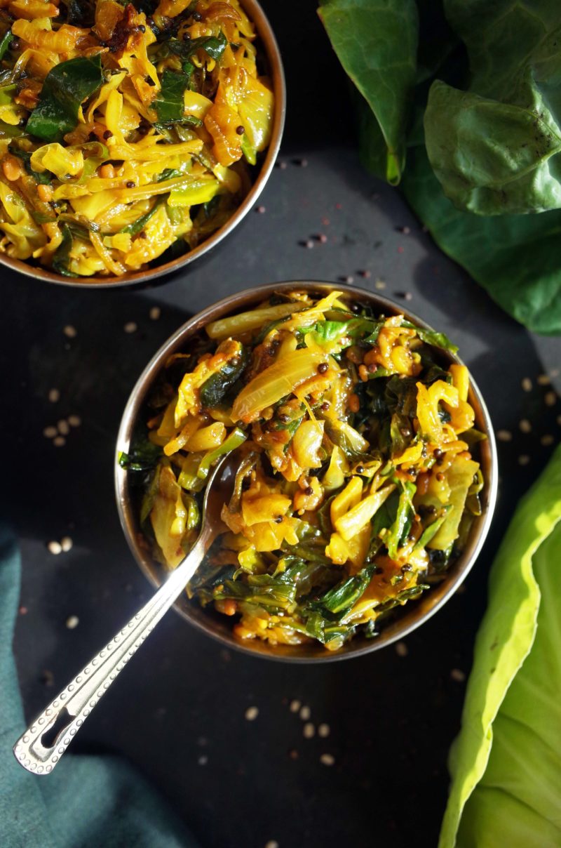 Two bowls of Patta Gobi Sabji with Spring Greens