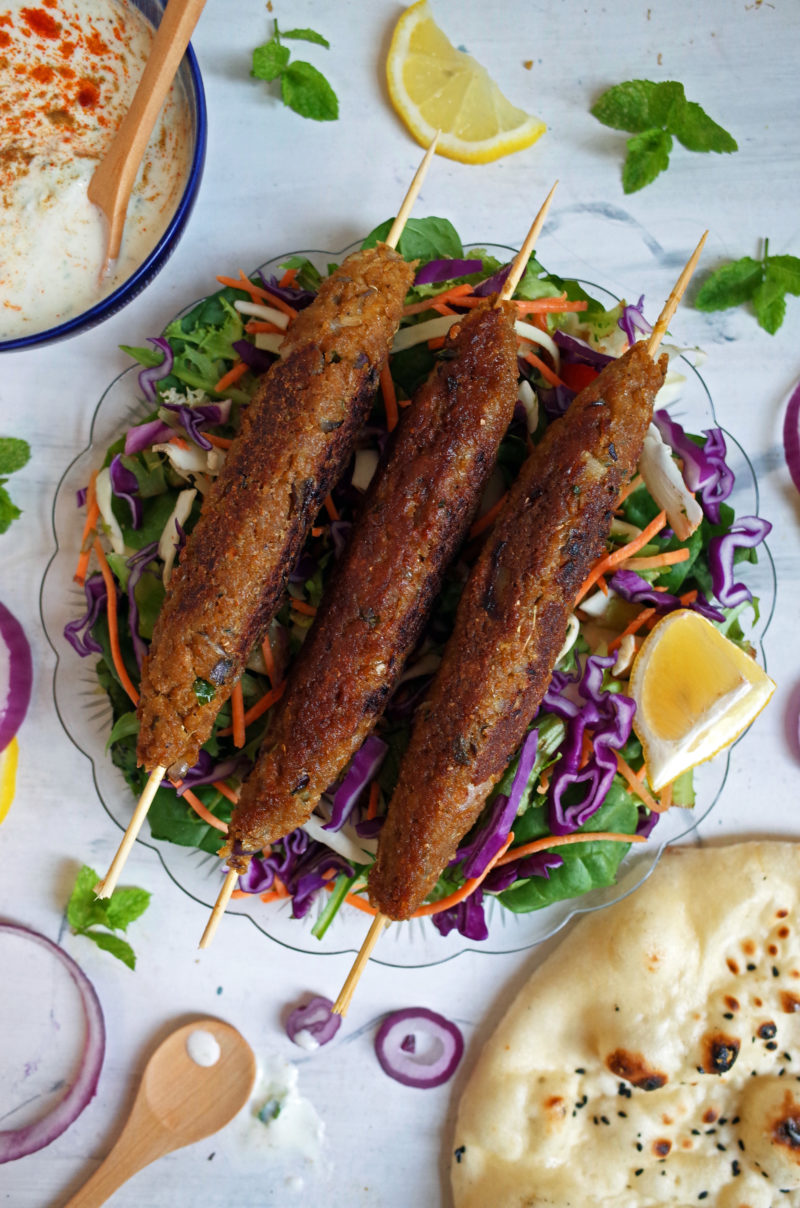 Vegan Seekh Kebabs made from Soy Chunks on a bed of salad