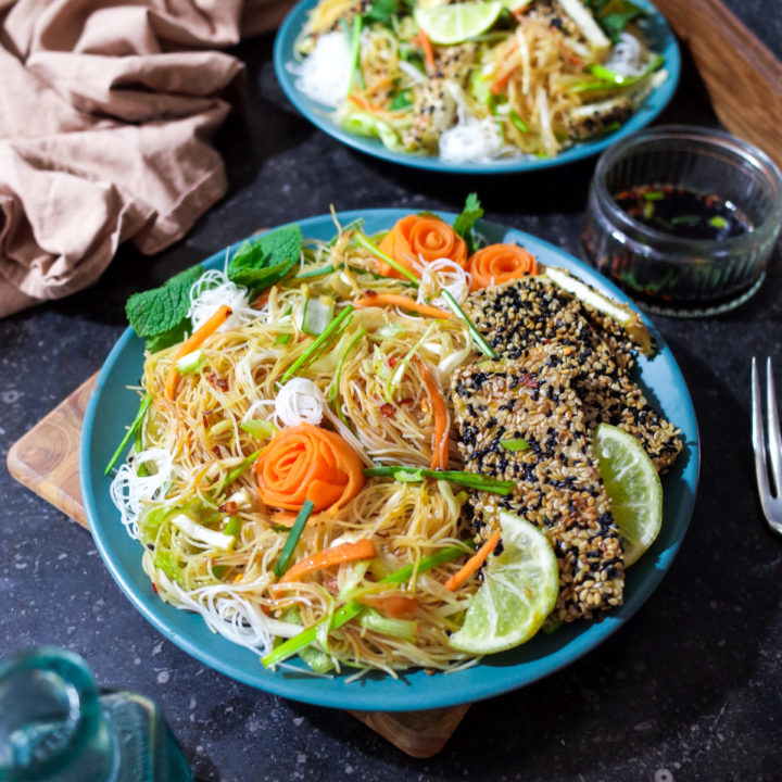 Vegan Vietnamese Cold Noodle Salad with Sesame Crusted Tofu on a blue plate