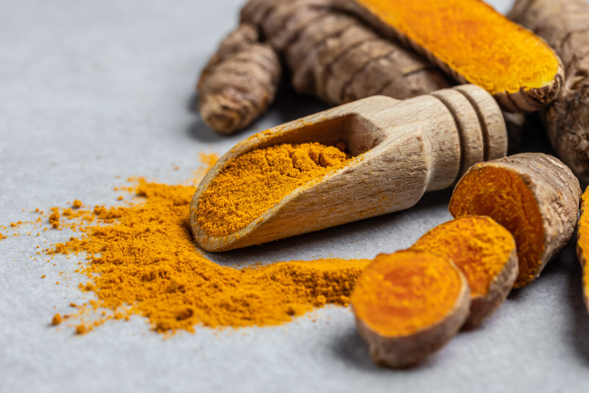Turmeric powder on a small wooden spoon, with whole turmeric in the background. 
