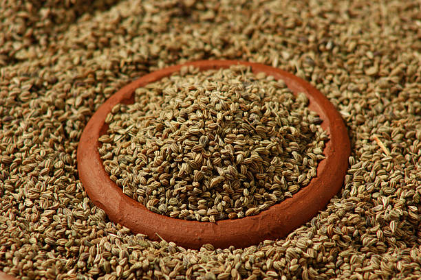 A small clay bowl full of carom seeds, with more carom seeds covering the whole background. 