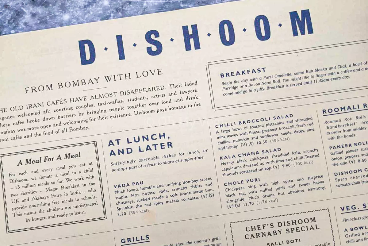 Dishoom Carnaby menu, featuring the tagline "From Bombay With Love," Breakfast, and Lunch dishes. 