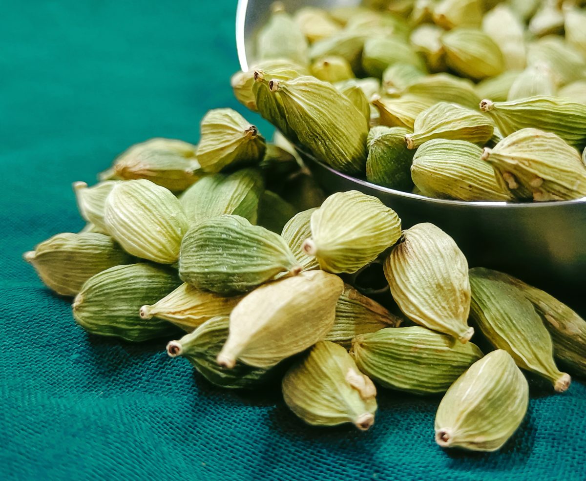 Green cardamom pods on a green cloth.