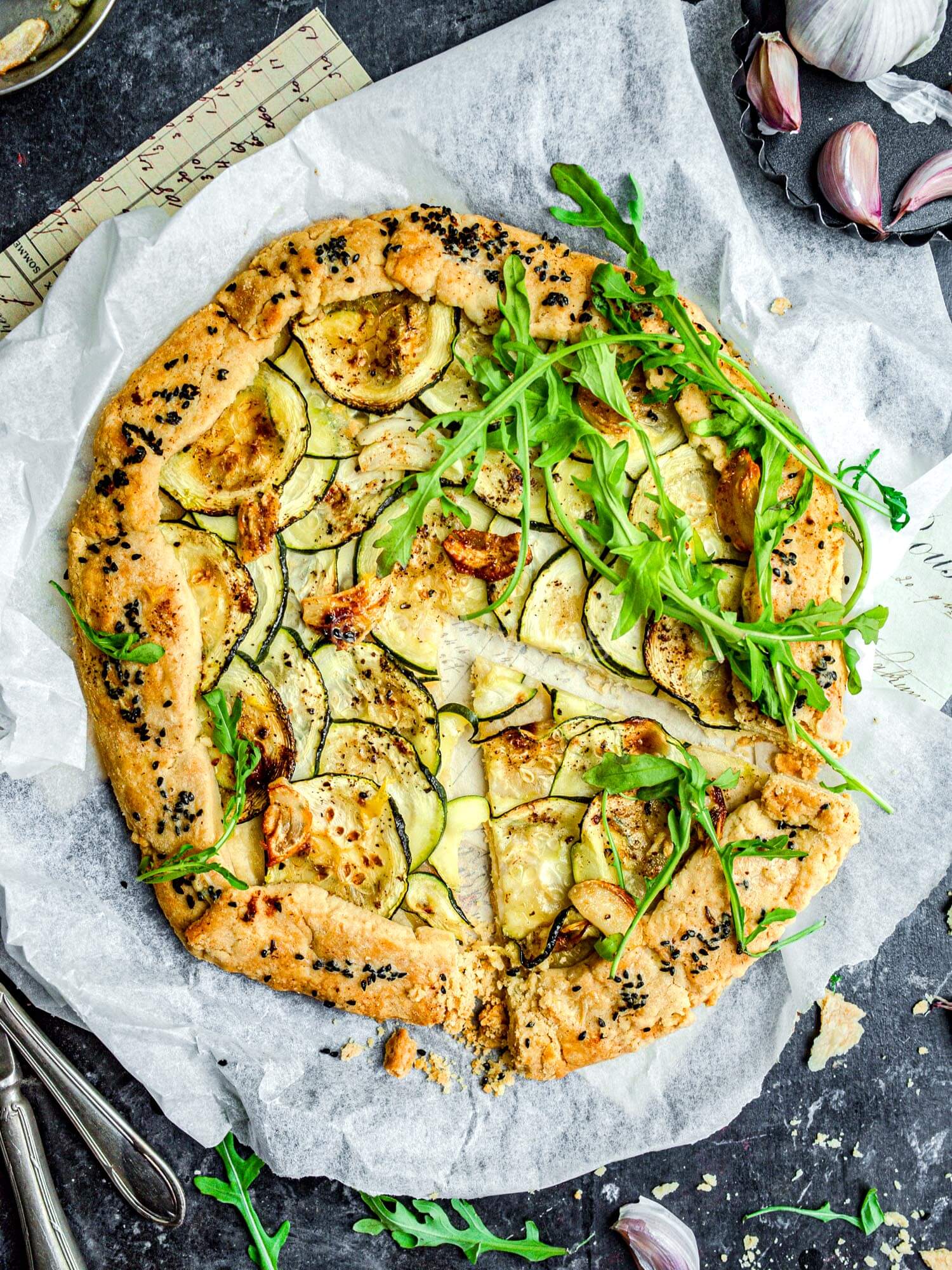 Courgette galette with garlic butter.