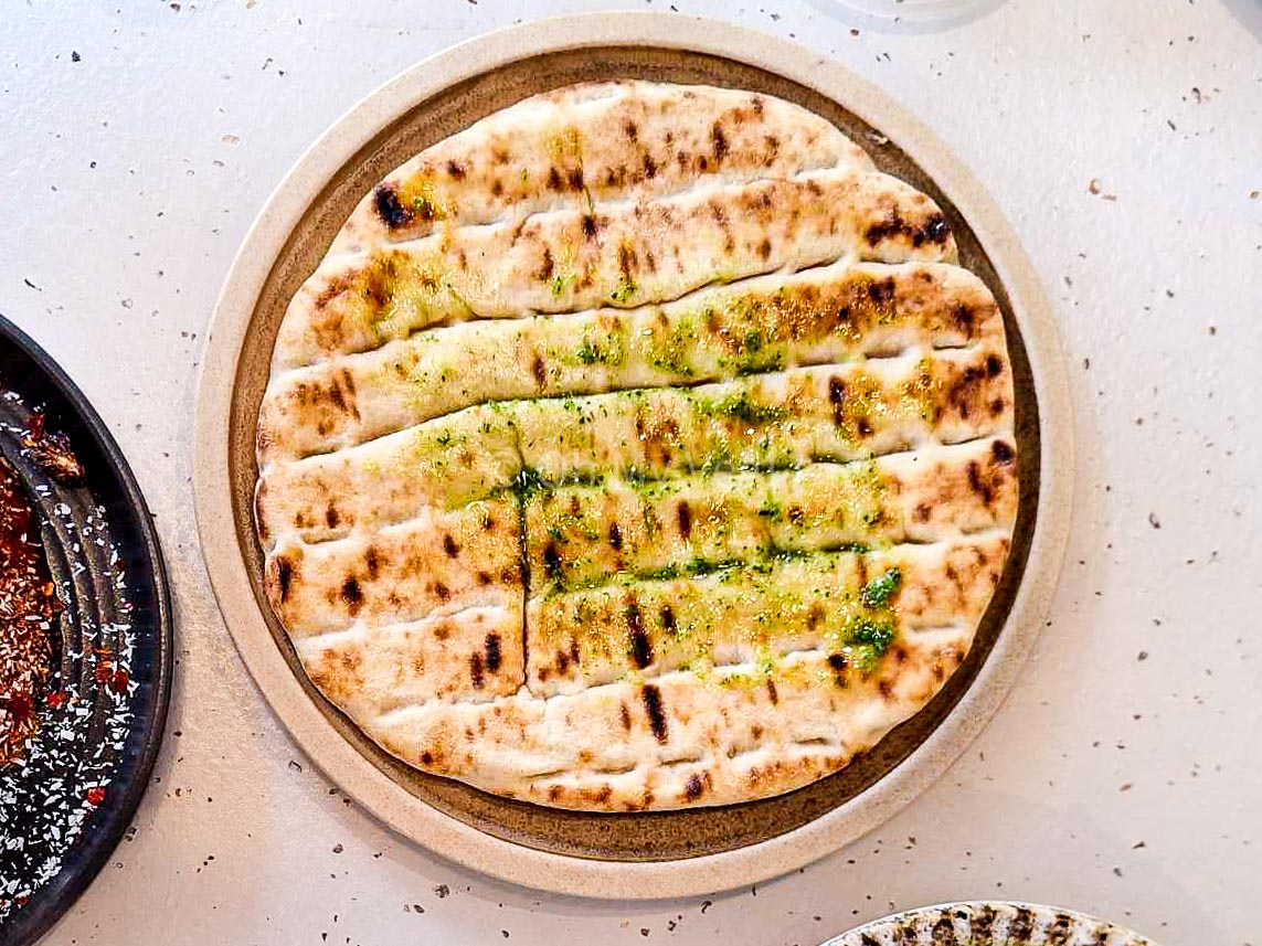 Maray Manchester warm flatbread with herb oil. 