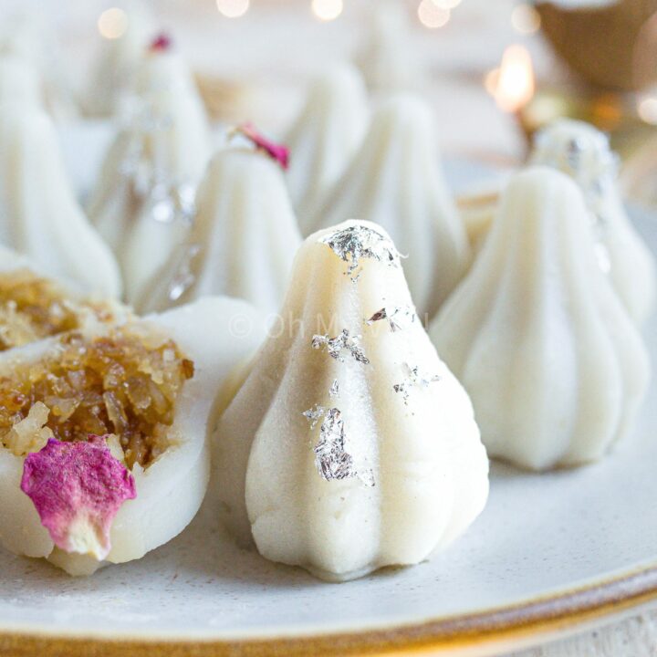 Festive Maharashtrian Ukadiche modak up close.