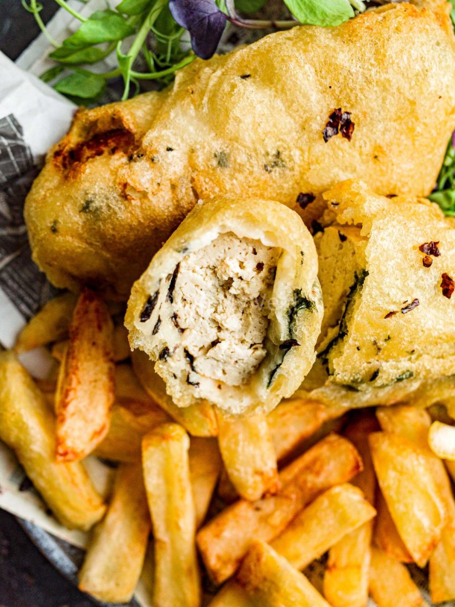 Close up photo of vegan tofish and chips. 