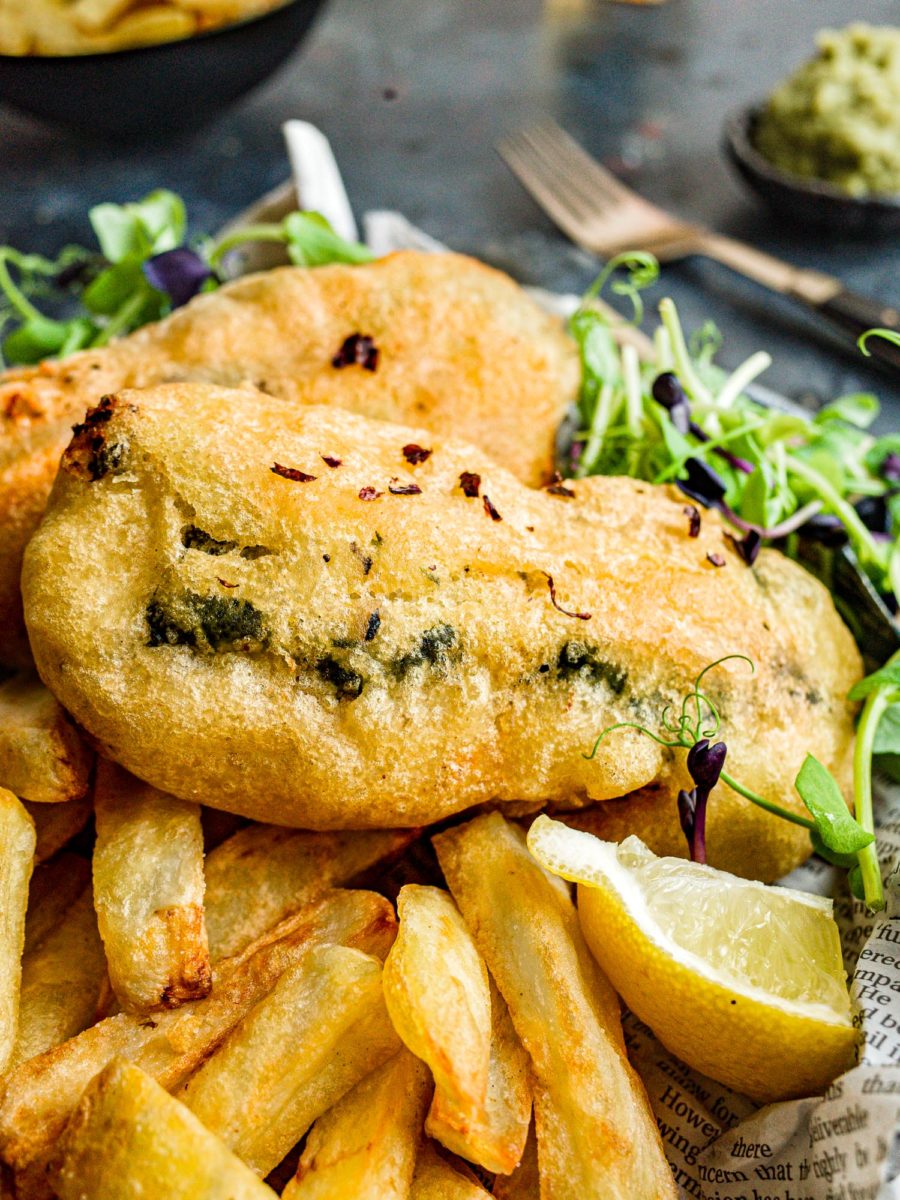 Tofish with nori sheets, lemon, and chips. 