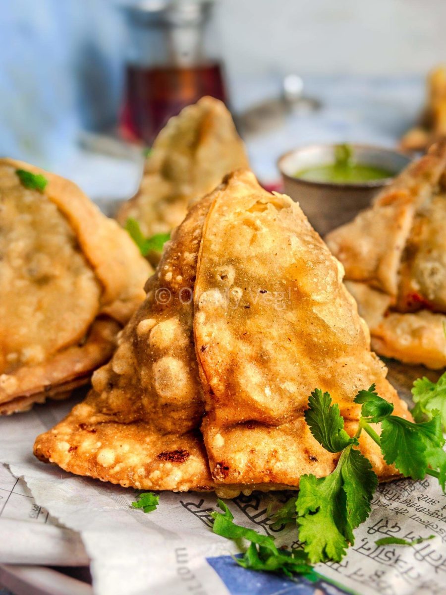 Close up of a vegan Punjabi samosa. 