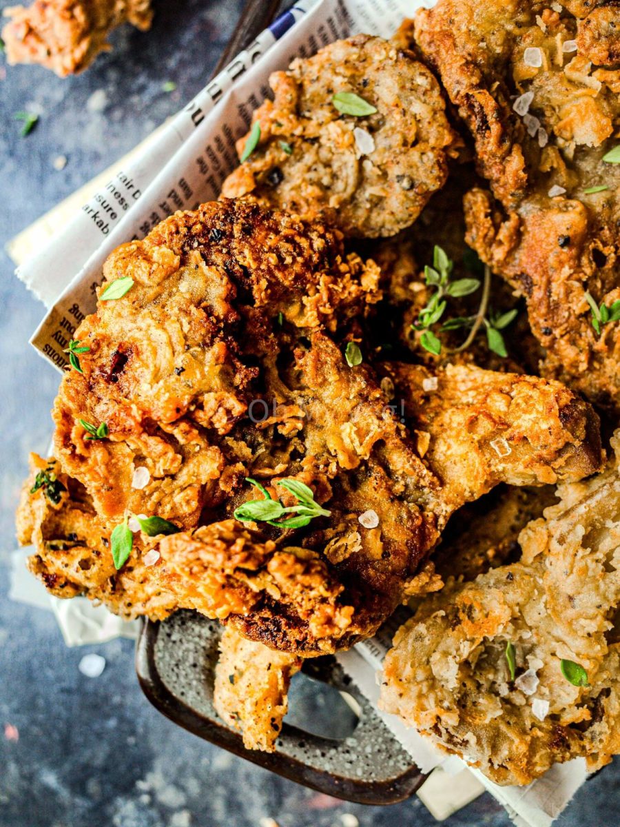 KFC-Copycat vegan fried chicken pieces topped with thyme and salt. 