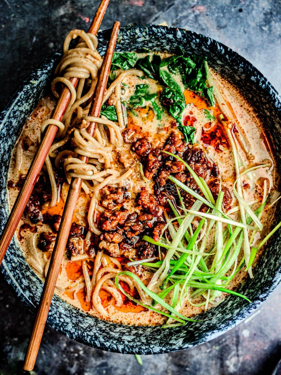 Tantanmen ramen in a bowl. 