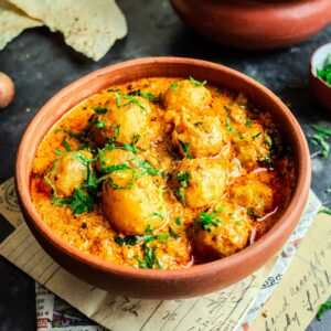 Punjabi dum aloo in a bowl.