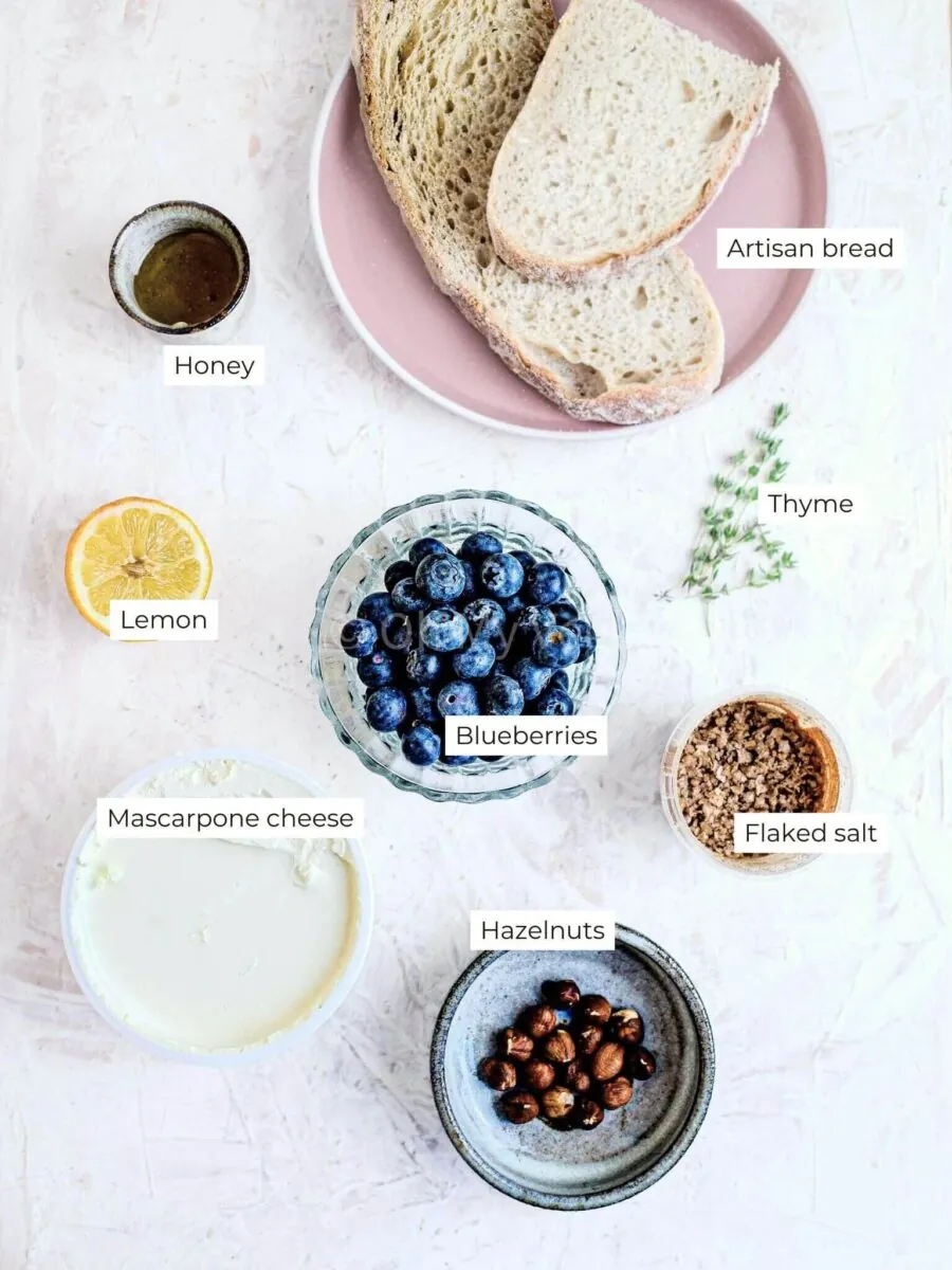 Labelled ingredients for blueberry toast.
