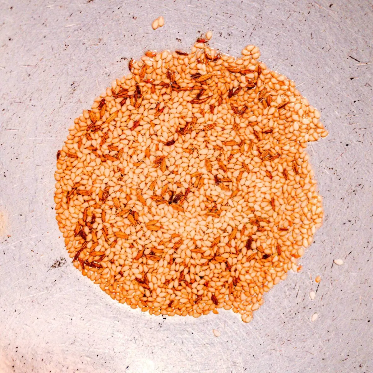 Sesame seeds and cumin frying in oil.