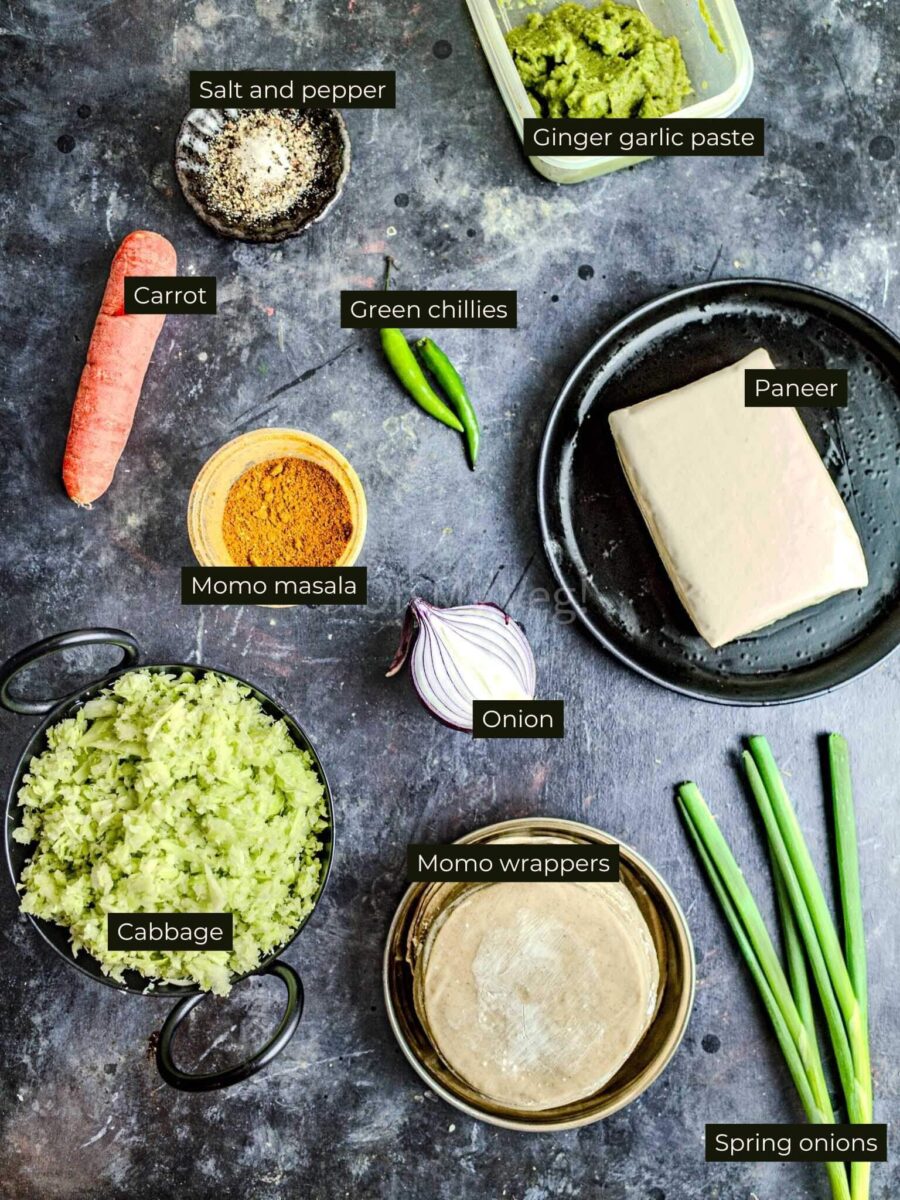 Labelled ingredients for paneer momos.