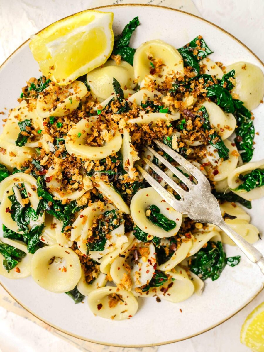 Close-up of cavolo nero pasta.