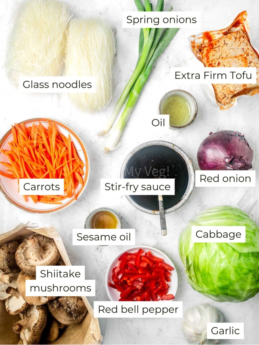 Labelled ingredients for glass noodle stir fry.