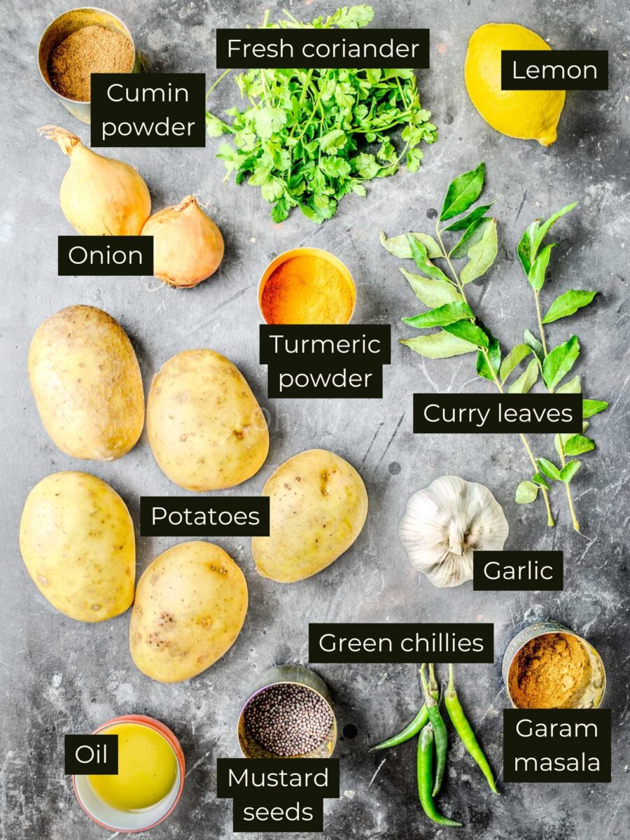 Labelled ingredients for aloo sukhi bhaji.