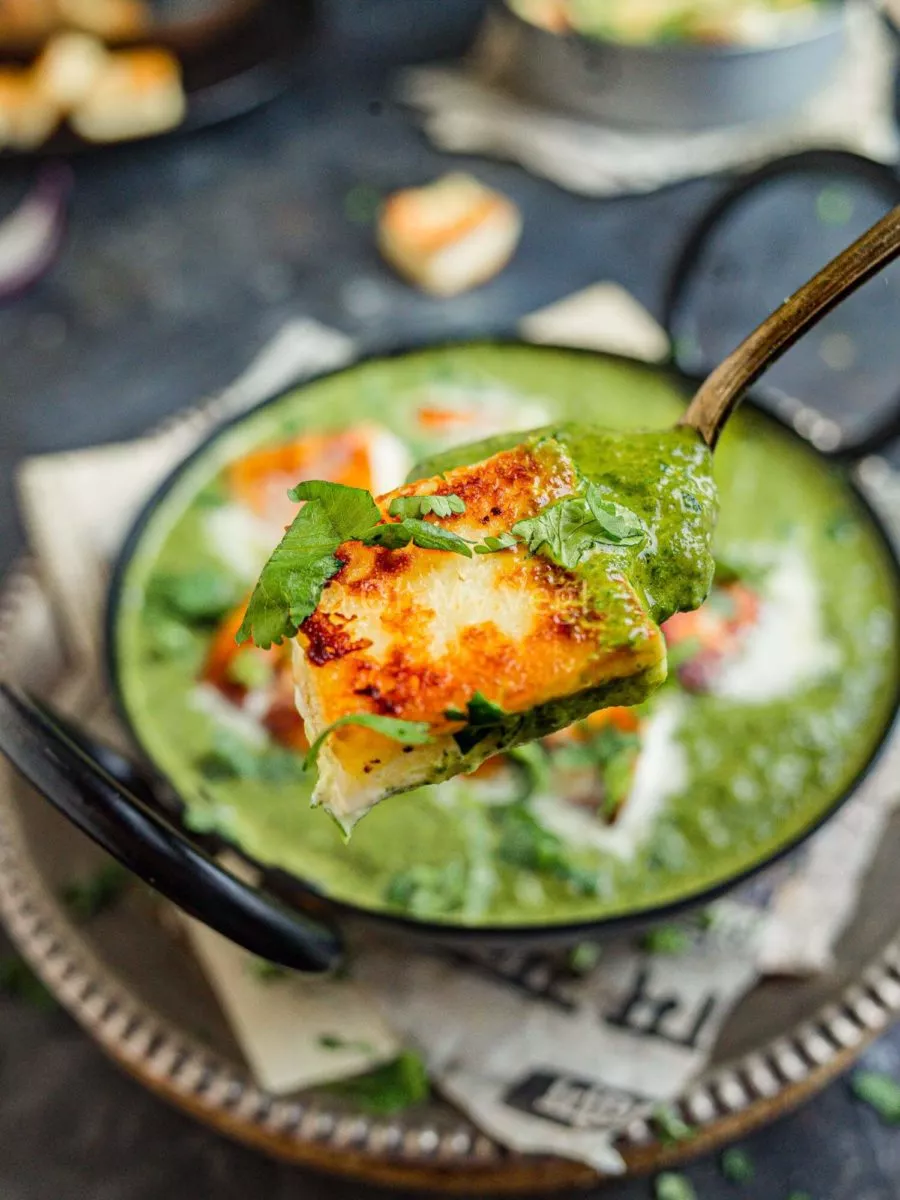 Spoon taking out a piece of Indian paneer cheese in spinach sauce. 