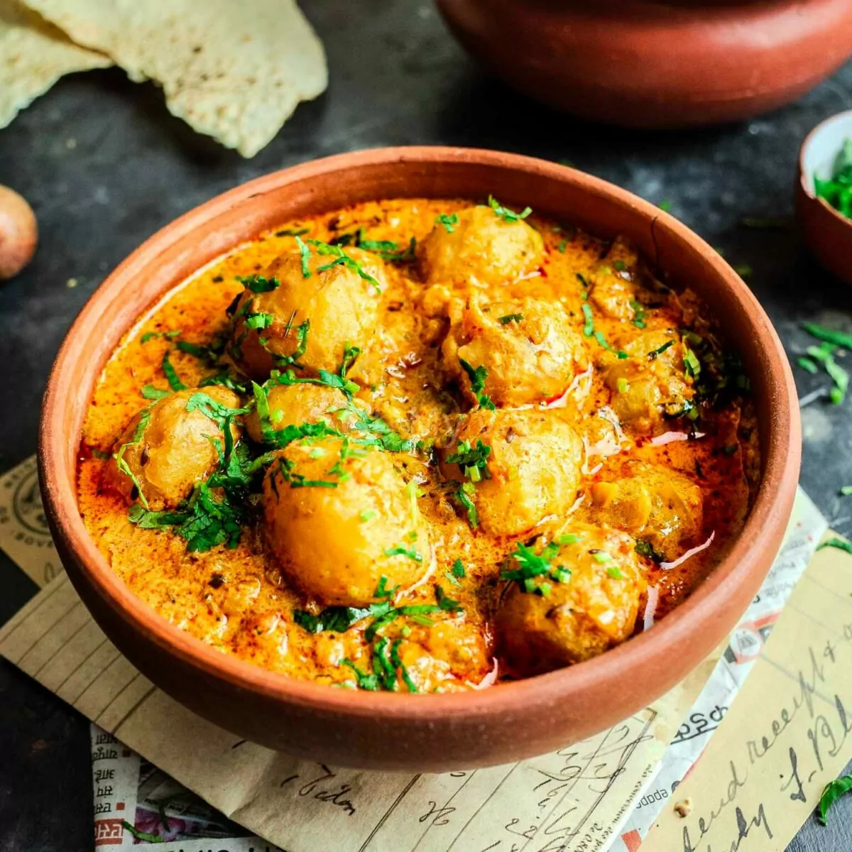 Punjabi dum aloo in a bowl.