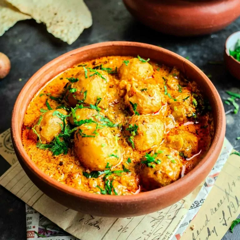 Punjabi dum aloo in a bowl.