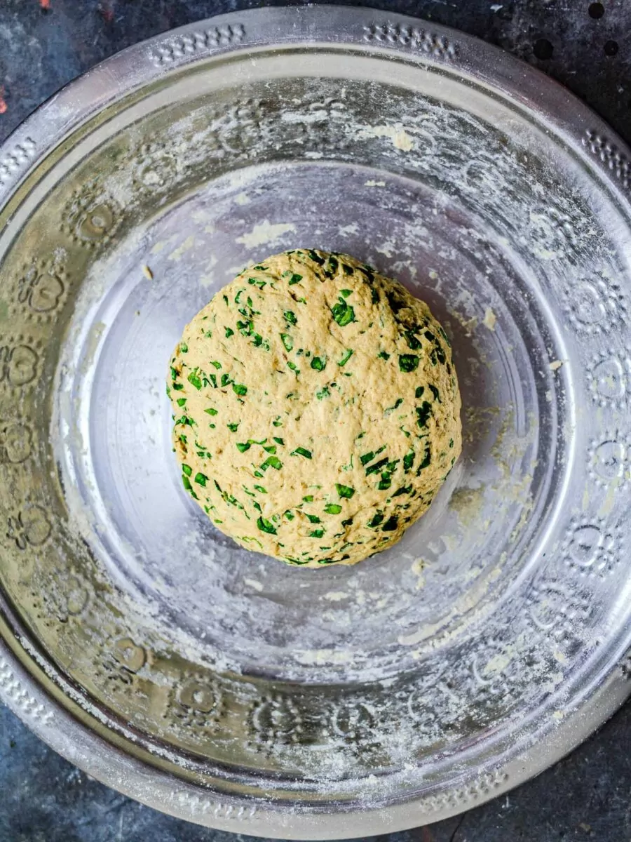 Methi paratha dough in parat. 