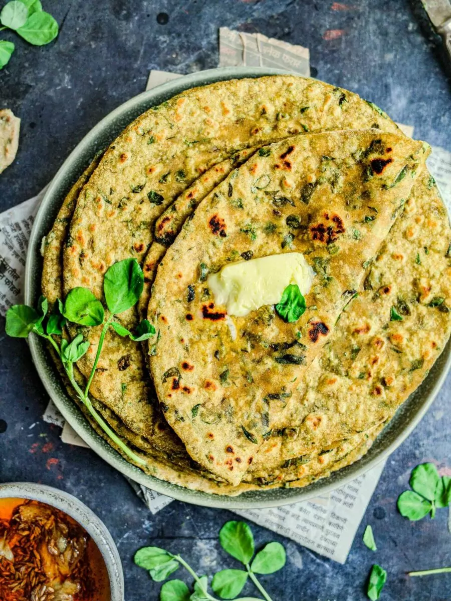 Methi paratha with butter melting. 