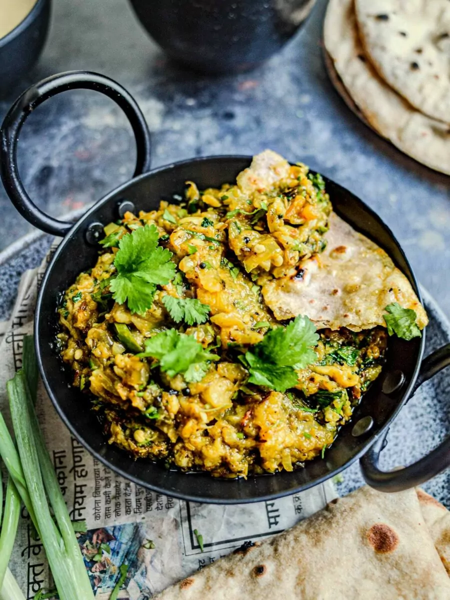 Maharashtrian vangyache bharit with poli.