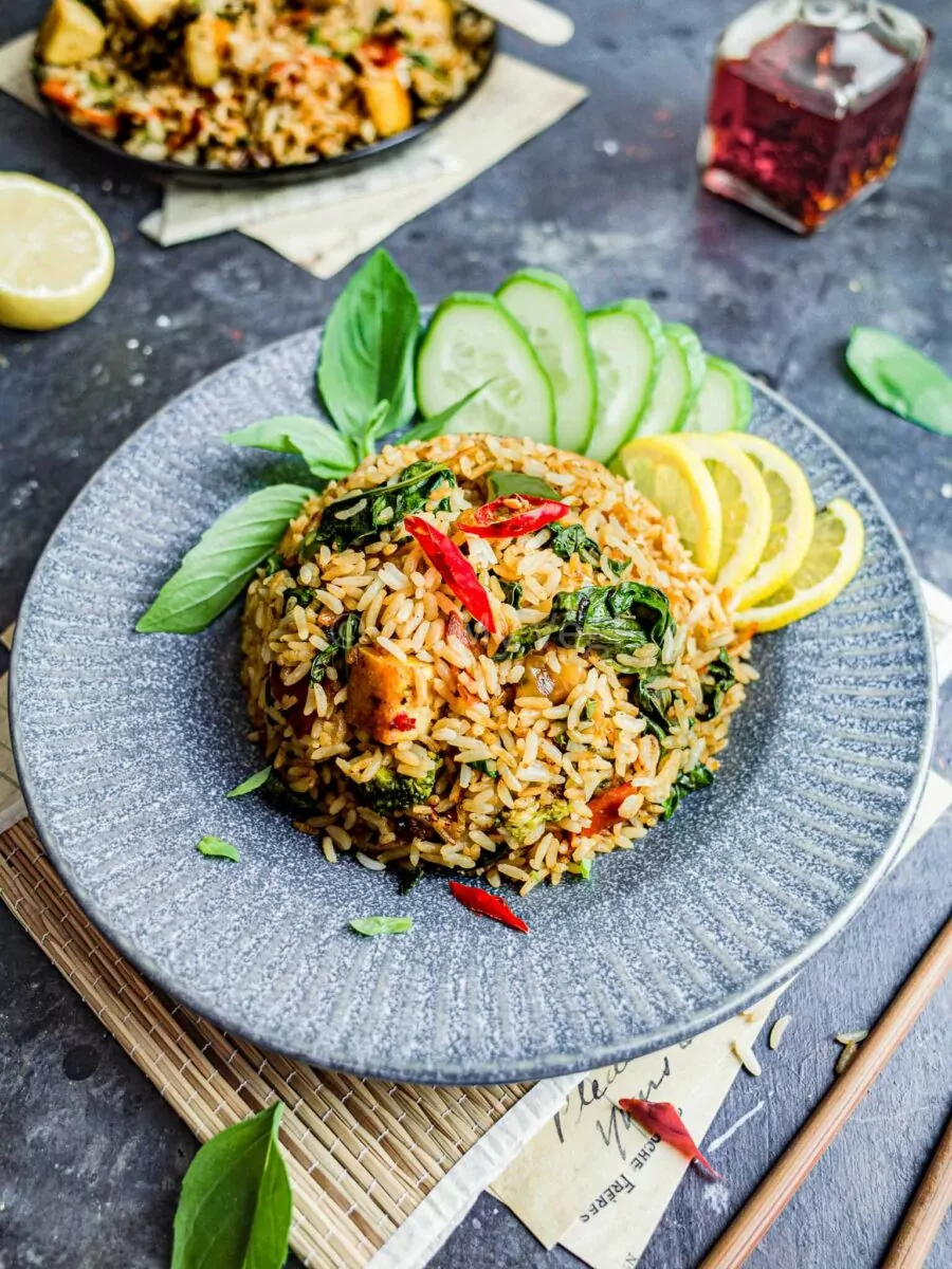 Vegan Thai basil fried rice with lemon.