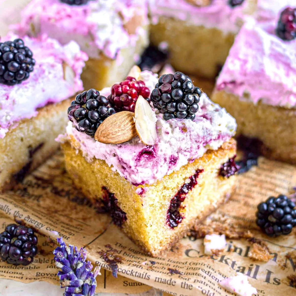 Blackberry almond cake with mascarpone icing.