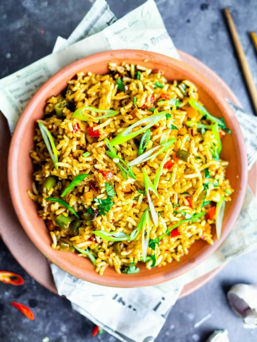 Chilli garlic fried rice in a bowl.