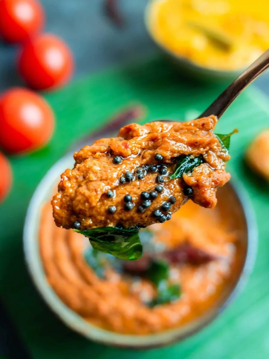 Kara chutney on a spoon.