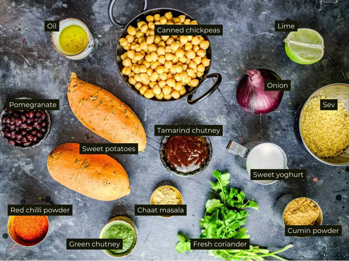 Ingredients for sweet potato chaat with labels.