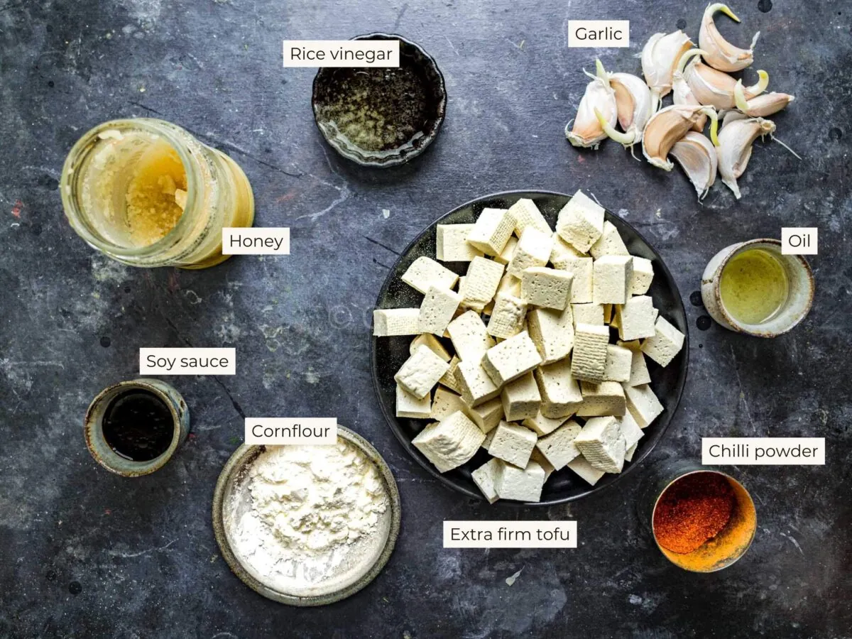 Ingredients for honey garlic tofu, with text labels.