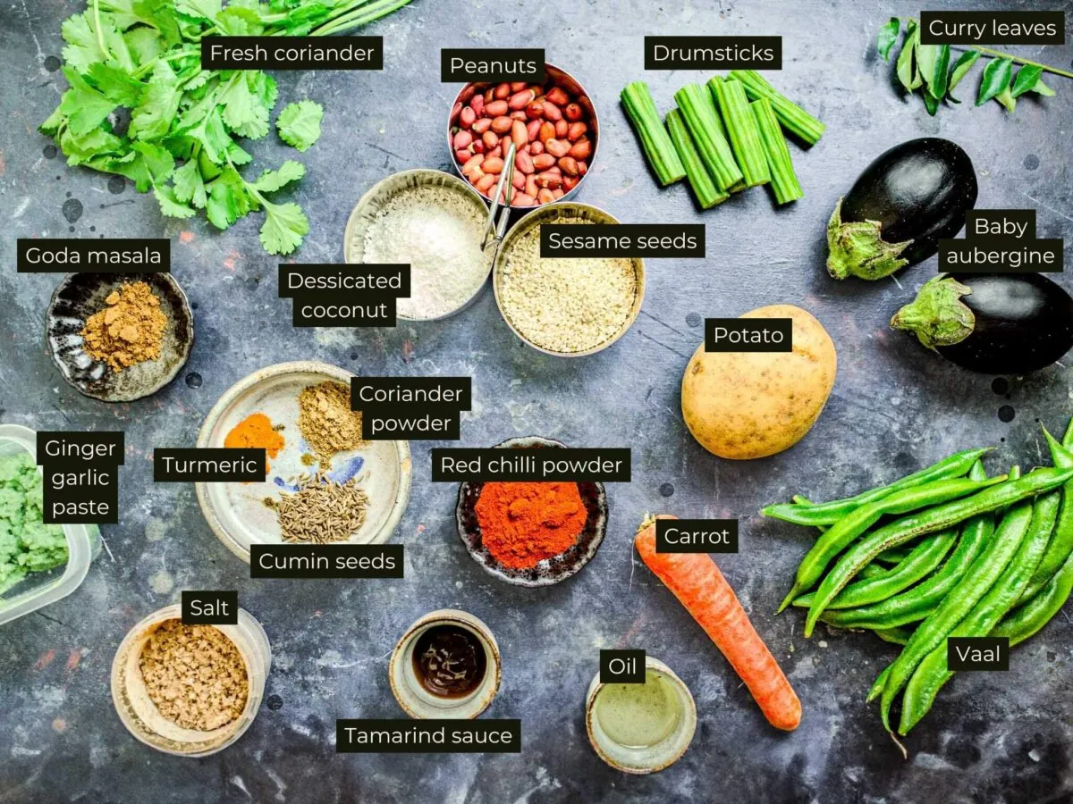 Ingredients for bhogichi bhaji, with text labels.