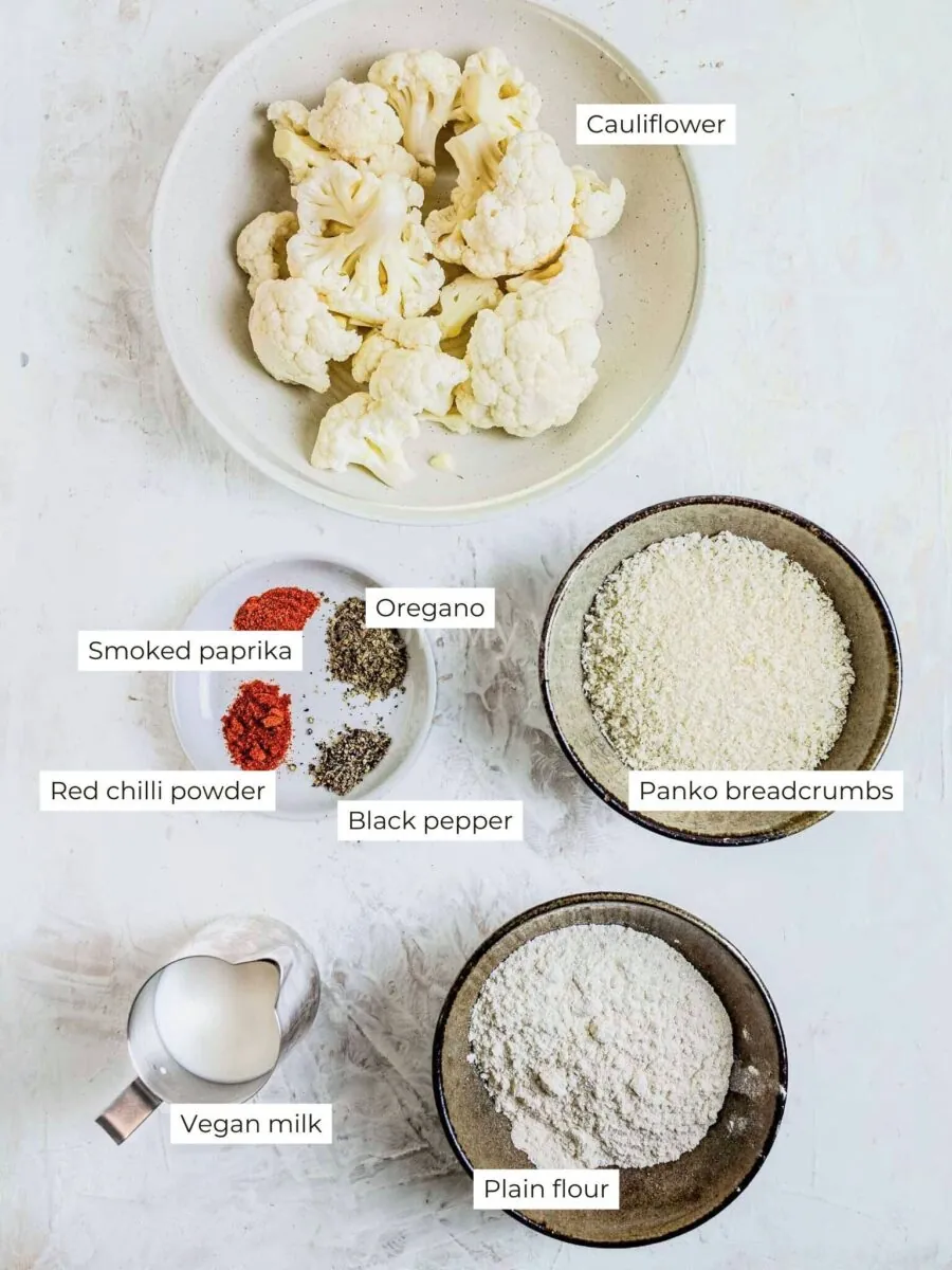 Ingredients for cauliflower nuggets, with text labels.