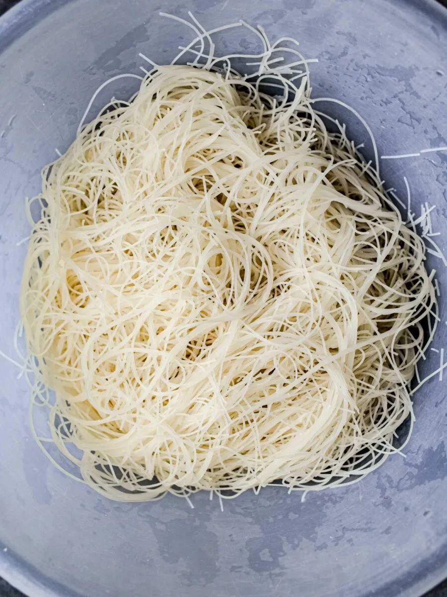 Drained and soaked rice noodles.