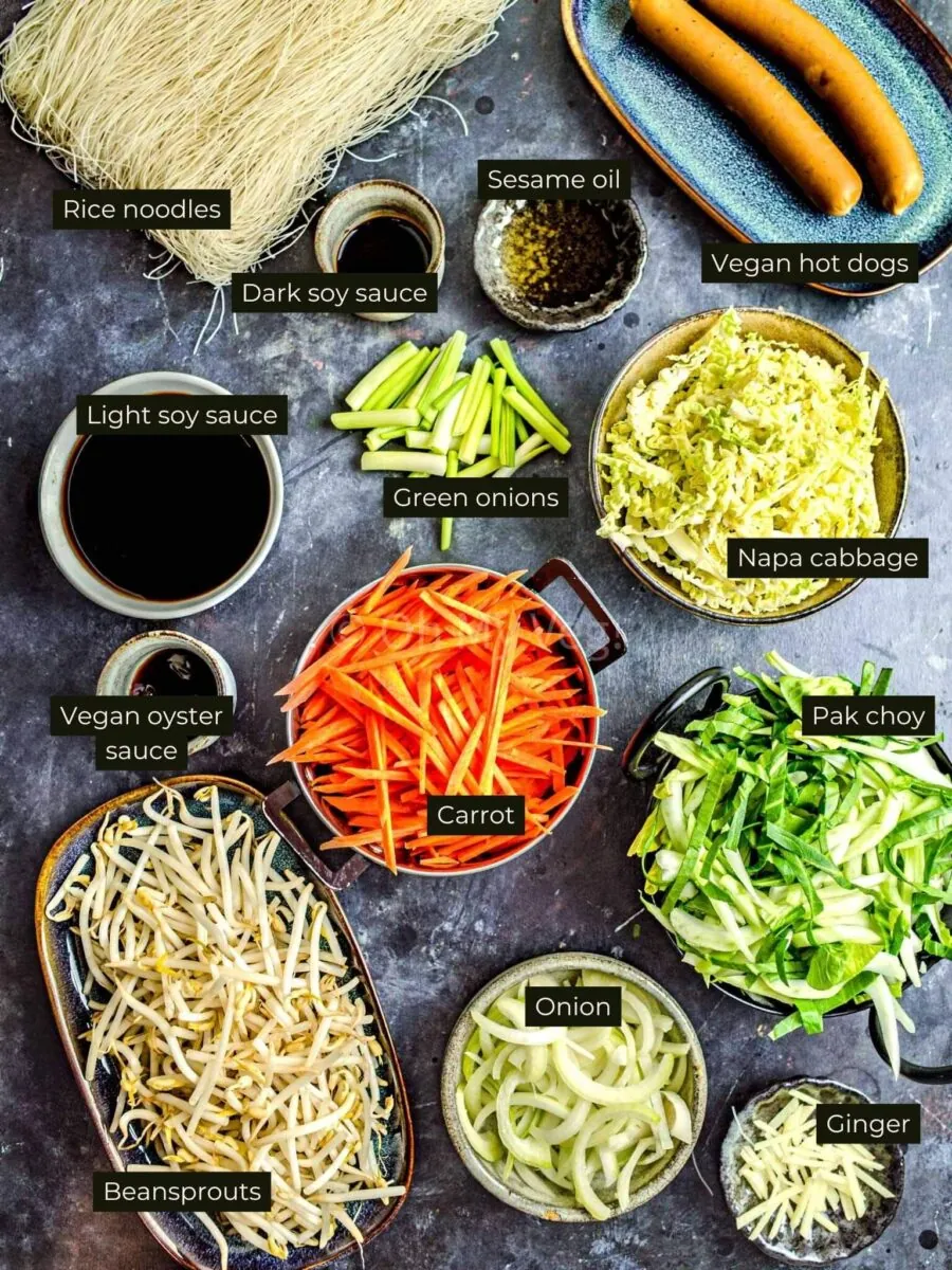 Ingredients for vegetable mei fun noodles, with text labels, on a black background.