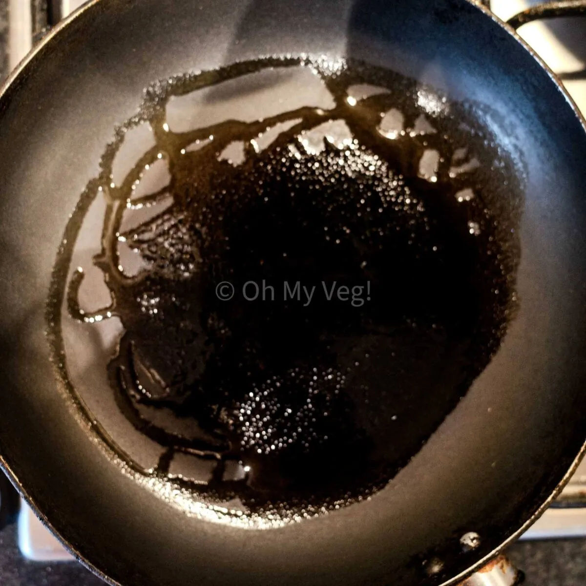 Coconut oil in a non stick pan.