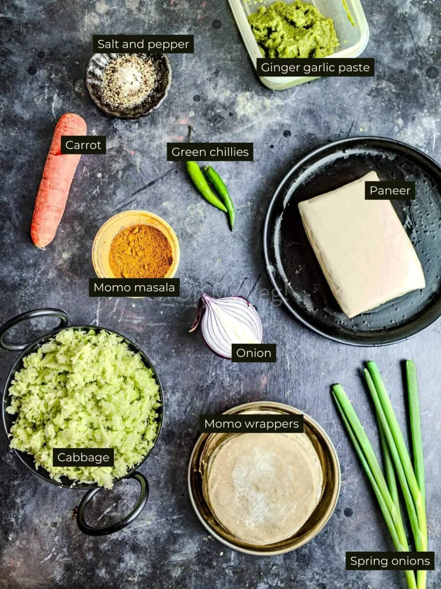 Labelled ingredients for paneer momos.