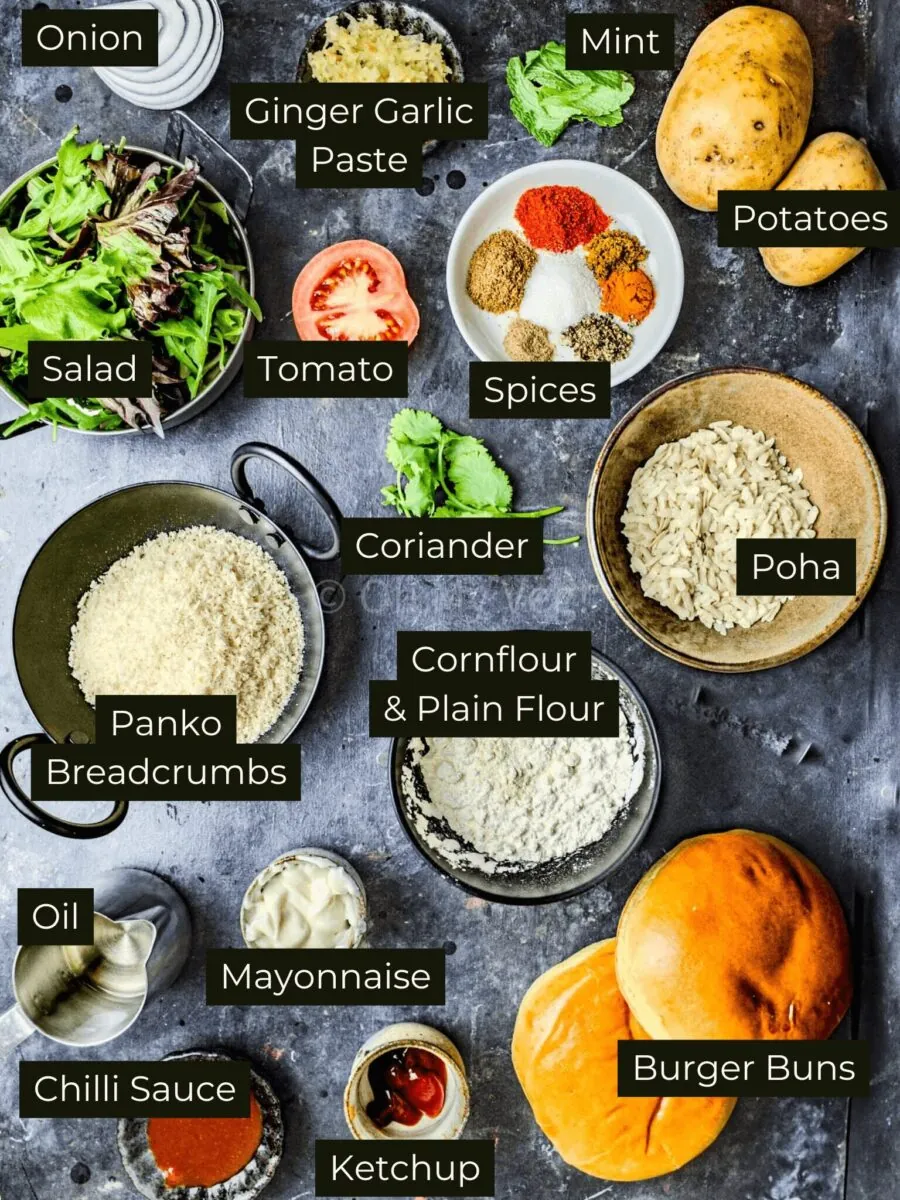 Labelled ingredients for aloo tikki burgers.