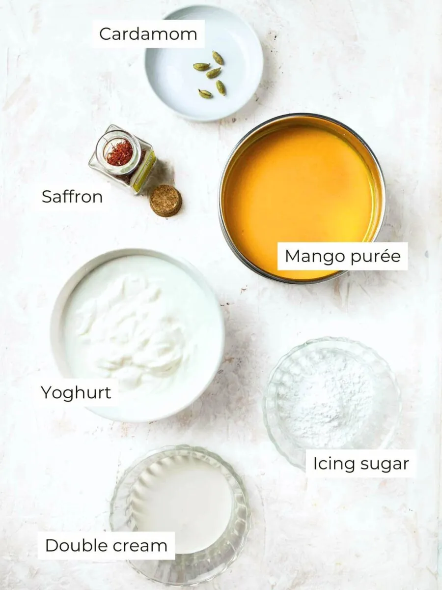 Ingredients for aamrakhand with white labels.